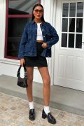 Yaka Siyah Garni Pul Payet Taşlı Oversize Denim Ceket 6125 resmi